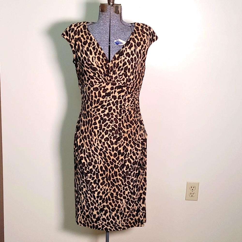 Lauren Ralph Lauren Leopard Sheath Dress Ruched Knit Sleeveless Mock Wrap Size 6